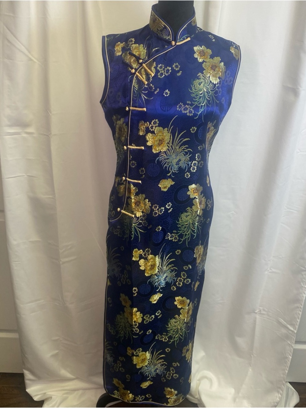 100% Silk Blue Cheongsam Qipao Brocade Floral Maxi Dress Tagged XL Fits M/L
